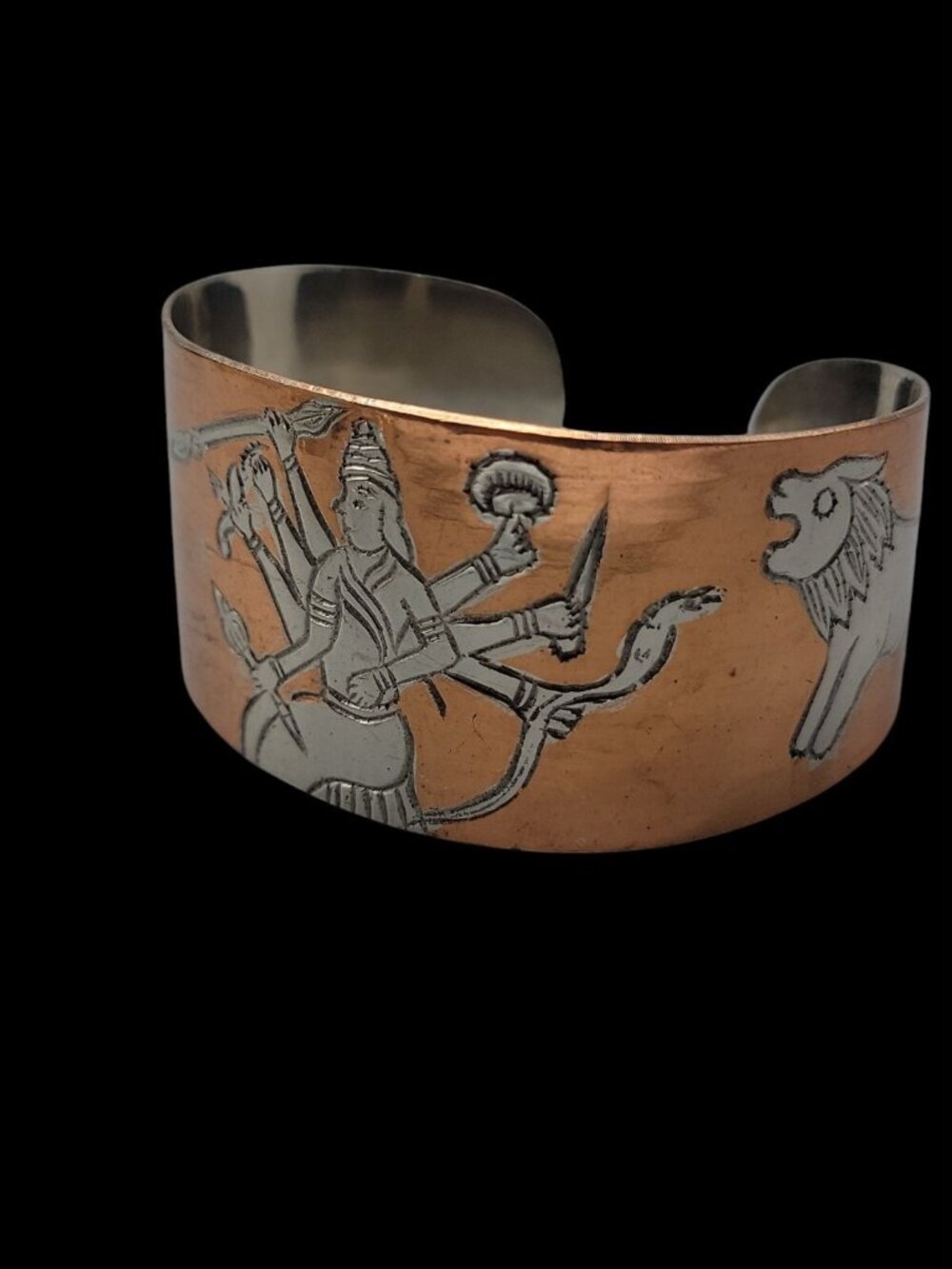 Engraved Medusa Scene Open Cuff Bracelet 7.5" Copper Tone 1.25" Thick Vintage